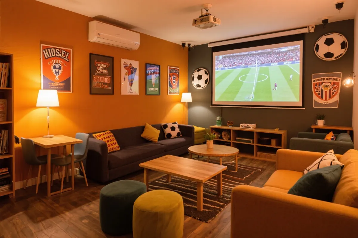 经济型青年旅舍公共观赛区与足球文化装饰的空间示意