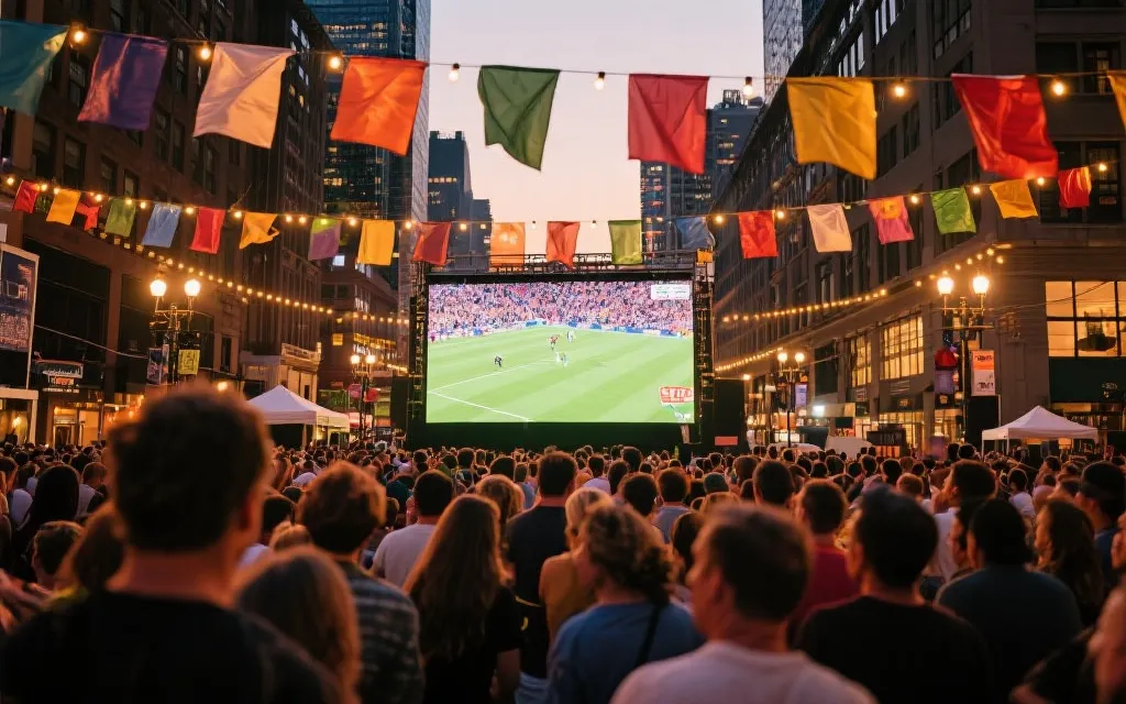 街头球迷聚集观赛，灯光与旗帜营造开幕夜氛围